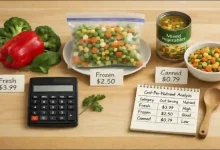 Fresh broccoli, frozen vegetables in a bag, and canned vegetables in a tin arranged side by side on a wooden counter with a calculator and price tags – cost-per-nutrient comparison of fresh vs. frozen vs. canned vegetables.
