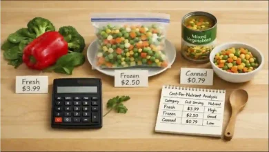 Fresh broccoli, frozen vegetables in a bag, and canned vegetables in a tin arranged side by side on a wooden counter with a calculator and price tags – cost-per-nutrient comparison of fresh vs. frozen vs. canned vegetables.