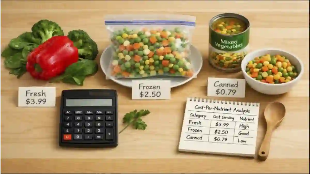Fresh broccoli, frozen vegetables in a bag, and canned vegetables in a tin arranged side by side on a wooden counter with a calculator and price tags – cost-per-nutrient comparison of fresh vs. frozen vs. canned vegetables.