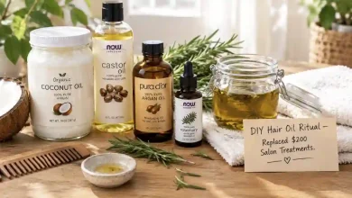 A collection of natural hair oils: coconut oil, castor oil, argan oil, jojoba oil, and essential oils. A small sign says "DIY Hair Oil Ritual – Save $200/month."