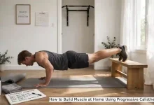 Person performing a push-up progression at home on a wooden floor with a yoga mat, water bottle, and resistance bands nearby – progressive calisthenics bodyweight training for muscle growth without weights.