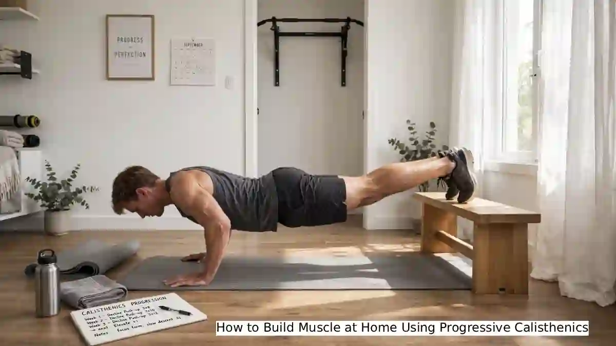 Person performing a push-up progression at home on a wooden floor with a yoga mat, water bottle, and resistance bands nearby – progressive calisthenics bodyweight training for muscle growth without weights.
