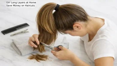 Ponytail haircut method showing long hair gathered into a high ponytail at the crown, with sharp scissors cutting the ends on a white background – DIY step-by-step technique for cutting long layers at home.