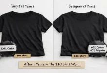 A black Target t-shirt that looks new after 5 years next to a faded, pilled designer t-shirt. A sign says "$10 vs $60 – Which One Lasted 5 Years?"