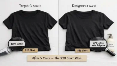 A black Target t-shirt that looks new after 5 years next to a faded, pilled designer t-shirt. A sign says "$10 vs $60 – Which One Lasted 5 Years?"
