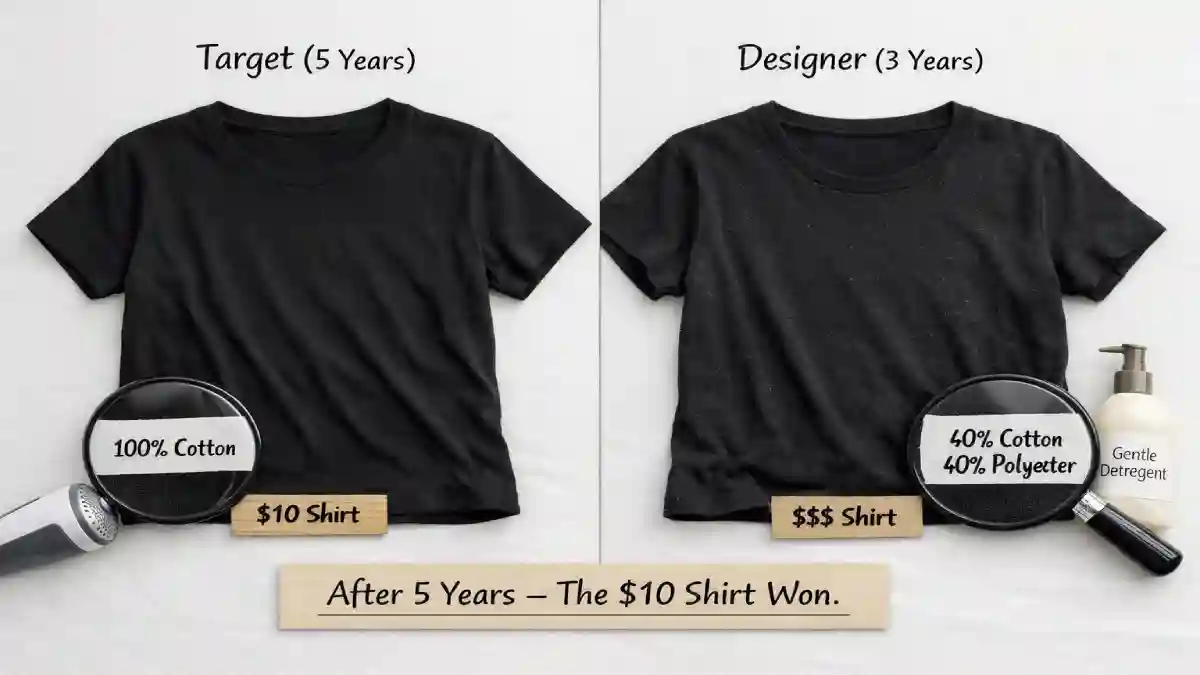 A black Target t-shirt that looks new after 5 years next to a faded, pilled designer t-shirt. A sign says "$10 vs $60 – Which One Lasted 5 Years?"