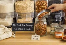 A grocery store bulk bin section with clear bins of rice, oats, nuts, and beans. A hand is scooping food into a glass mason jar. A sign says "Save 30-50% on Staples."
