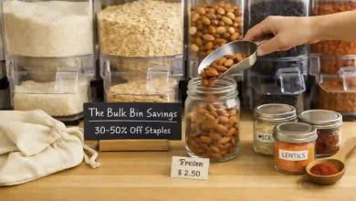 A grocery store bulk bin section with clear bins of rice, oats, nuts, and beans. A hand is scooping food into a glass mason jar. A sign says "Save 30-50% on Staples."