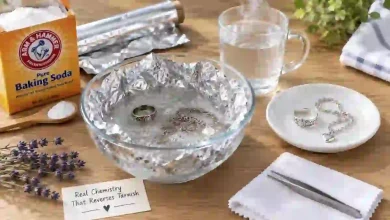 Tarnished silver-plated jewelry being cleaned in a glass bowl lined with aluminum foil and filled with baking soda solution, with a restored shiny ring beside it – DIY electrochemical tarnish removal method.