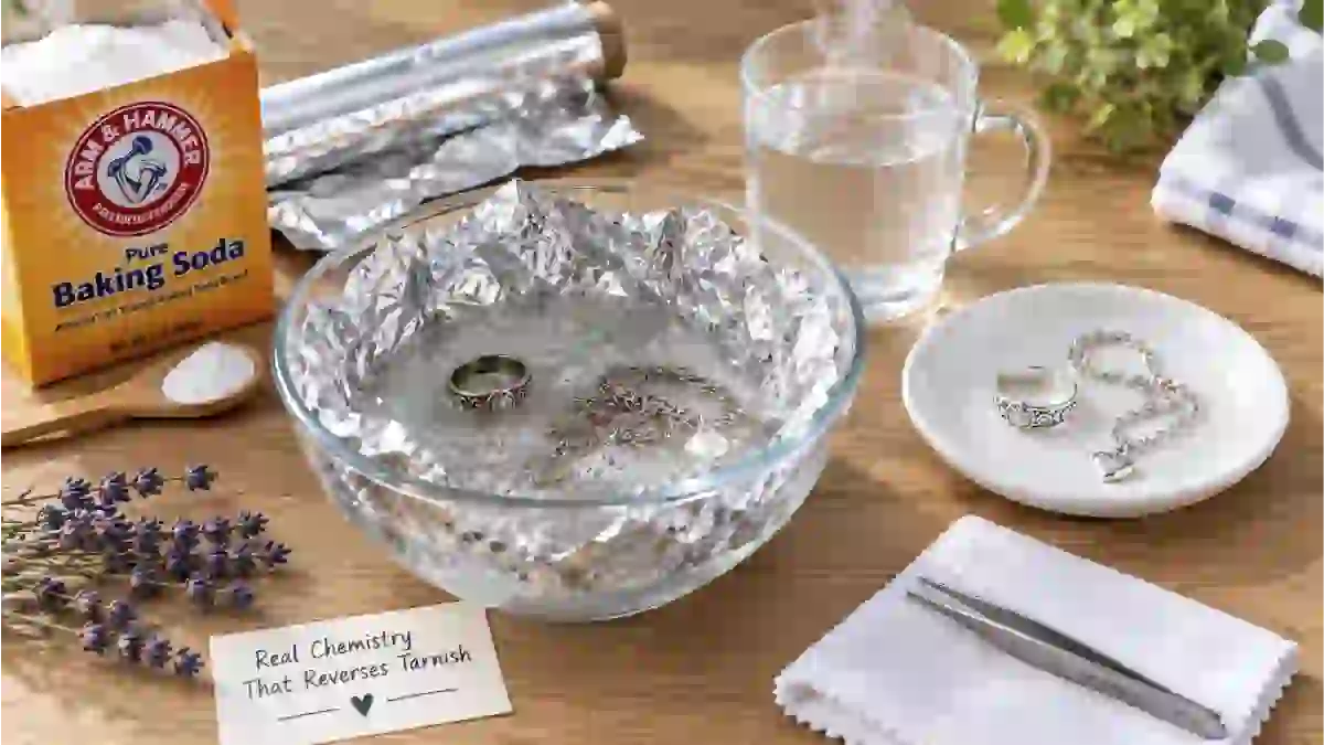 Tarnished silver-plated jewelry being cleaned in a glass bowl lined with aluminum foil and filled with baking soda solution, with a restored shiny ring beside it – DIY electrochemical tarnish removal method.
