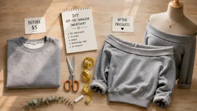 DIY off-the-shoulder sweatshirt transformation showing a basic grey crewneck sweater next to a finished off-the-shoulder top with dropped neckline, scissors, and measuring tape on a wooden surface – budget fashion hack under $5.