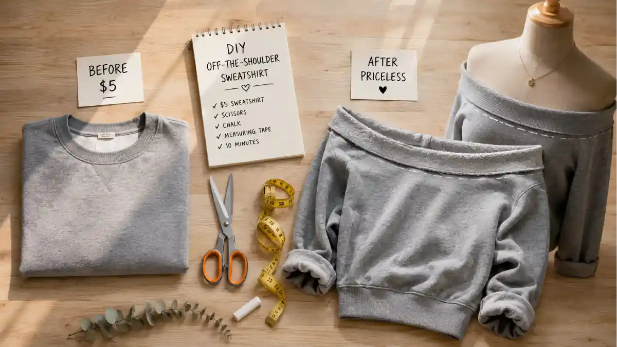 DIY off-the-shoulder sweatshirt transformation showing a basic grey crewneck sweater next to a finished off-the-shoulder top with dropped neckline, scissors, and measuring tape on a wooden surface – budget fashion hack under $5.