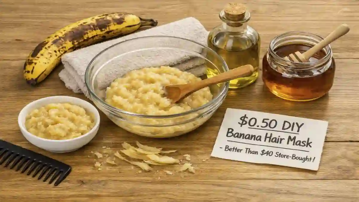 An overripe banana, a bowl of mashed banana, olive oil, and honey on a kitchen counter. A split image shows frizzy hair on the left and smooth, shiny hair on the right. A sign says "$0.50 – Better than $40 masks."