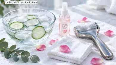 Ice facial dip bowl filled with ice water next to a stainless steel ice roller on a white towel, with cucumber slices and rose water nearby – zero-cost cold therapy skincare routine comparison for reducing puffiness and inflammation.