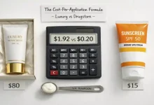 An $80 luxury sunscreen next to a $15 drugstore sunscreen. A calculator shows the cost-per-application math: $1.92 vs $0.20. A sign says "The Cost-Per-Application Truth."