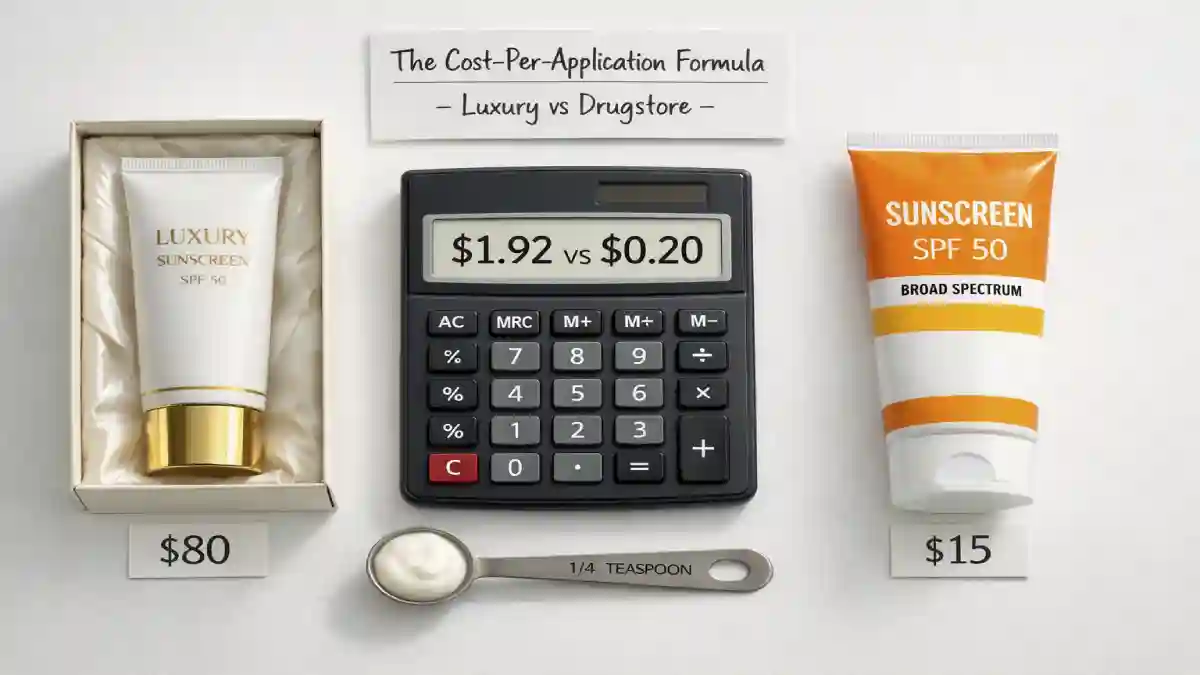 An $80 luxury sunscreen next to a $15 drugstore sunscreen. A calculator shows the cost-per-application math: $1.92 vs $0.20. A sign says "The Cost-Per-Application Truth."