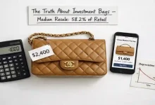 A designer handbag with a price tag showing $2,400, next to a resale listing showing $1,400. A calculator and a chart showing depreciation are in the background. A sign says "Investment or Depreciating Asset?"