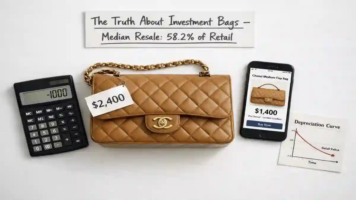 A designer handbag with a price tag showing $2,400, next to a resale listing showing $1,400. A calculator and a chart showing depreciation are in the background. A sign says "Investment or Depreciating Asset?"