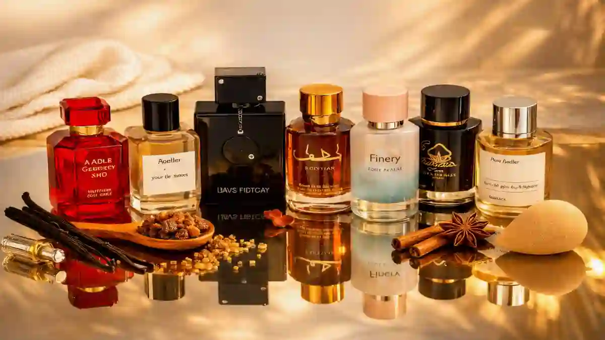 Seven affordable perfume dupe bottles lined up on a mirrored surface including Lattafa, Armaf, Zara, Fine'ry, and Dossier – luxury fragrance alternatives under $25 available on Amazon.