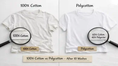 A 100% cotton t-shirt next to a polycotton t-shirt after multiple washes. The cotton one is stretched and faded; the polycotton one still looks new. A sign says "Which One Survives?"