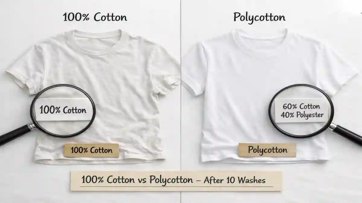 A 100% cotton t-shirt next to a polycotton t-shirt after multiple washes. The cotton one is stretched and faded; the polycotton one still looks new. A sign says "Which One Survives?"