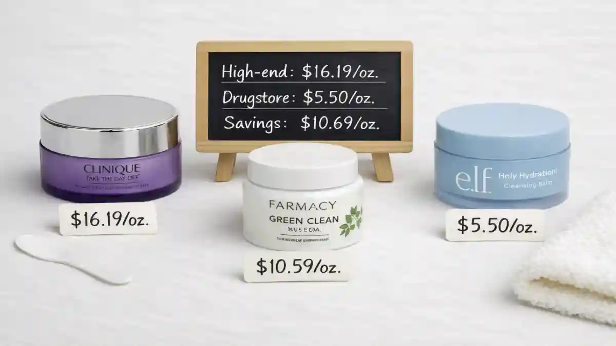 High-end and drugstore cleansing balms arranged on a white surface with price tags showing price per ounce. The Clinique balm is $16.19/oz, the Farmacy balm is $10.59/oz, and the e.l.f. balm is $5.50/oz. A sign says "The Price-Per-Ounce Truth."