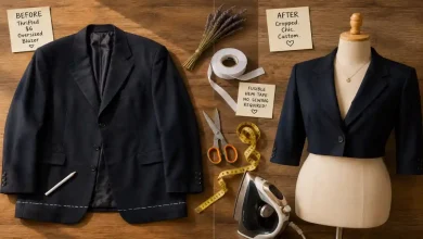 Oversized thrifted men's blazer next to its cropped transformation on a mannequin, with scissors, hemming tape, and measuring tape on a wooden table – no-sew DIY blazer crop hack for under $15.