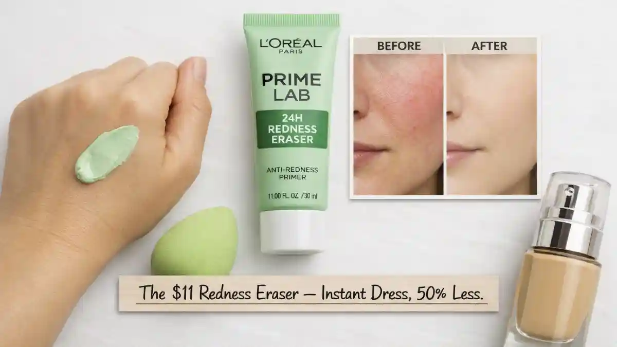 The L'Oreal Prime Lab 24H Redness Eraser primer tube with green product swatched on a hand. Next to it, a photo showing red skin before and neutralized skin after. A sign says "$11 vs $42 – Instant redness eraser."