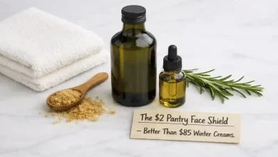 A bottle of cold-pressed extra virgin olive oil next to a small dark glass dropper bottle and a soft towel. A sign says "$2 vs $85 – Winter skin savior."