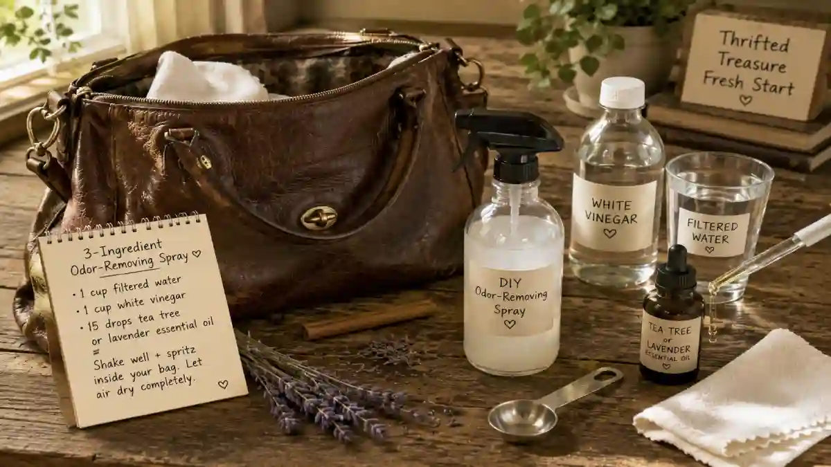 Vintage brown leather handbag on a wooden table next to a spray bottle of DIY odor-removing solution with white vinegar, water, and essential oils – 3-ingredient homemade cleaner for thrifted leather bags.