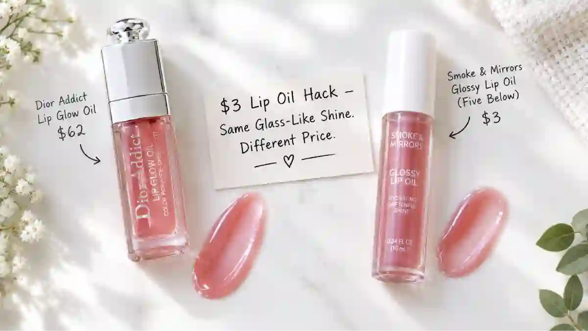 A $3 Smoke & Mirrors lip oil next to a $62 Dior Addict Lip Glow Oil. Both have glossy finishes on swatched lips. A sign says "$3 vs $62 – Same glass-like shine."