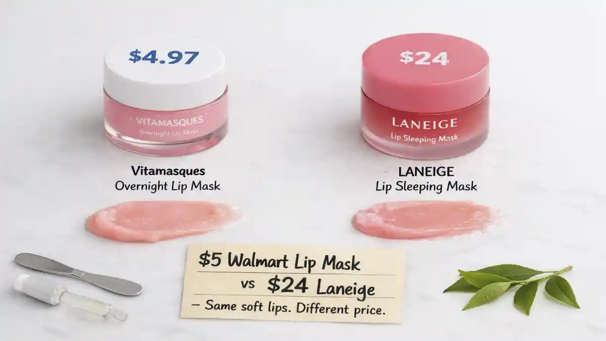 The $5 Vitamasques Overnight Lip Mask next to the $24 Laneige Lip Sleeping Mask. A sign says "$5 vs $24 – Same soft lips."