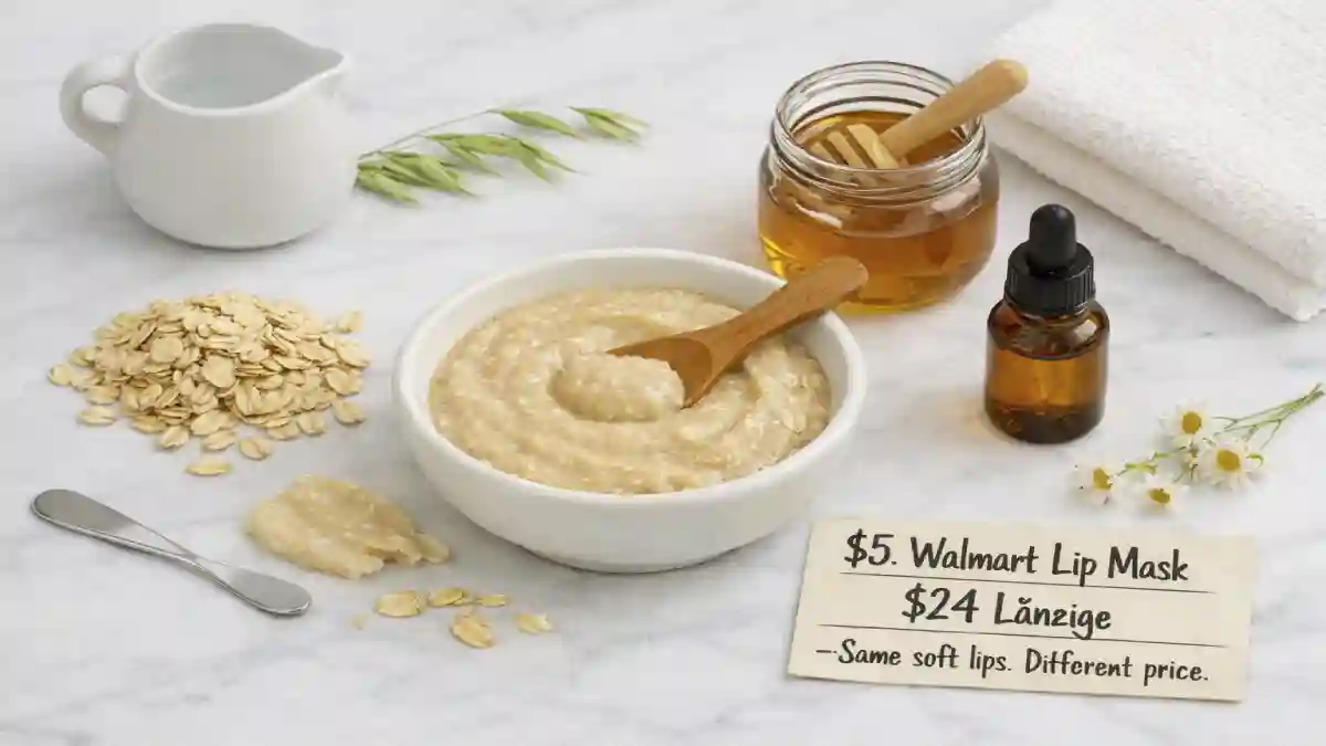 DIY colloidal oatmeal face mask in a small white bowl with a wooden spoon, next to raw oats, honey, and a soft towel on a marble counter – 50-cent homemade soothing mask for sensitive skin.