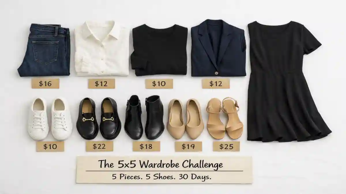 Five clothing items and five pairs of shoes arranged on a white surface. A calendar shows 30 days with checkmarks. A sign says "5 Pieces. 5 Shoes. 30 Days."