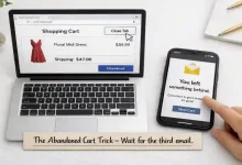 A shopping cart with items in it on a laptop screen. A cursor is hovering over the "close tab" button. An email notification pops up with the subject line "You left something behind."