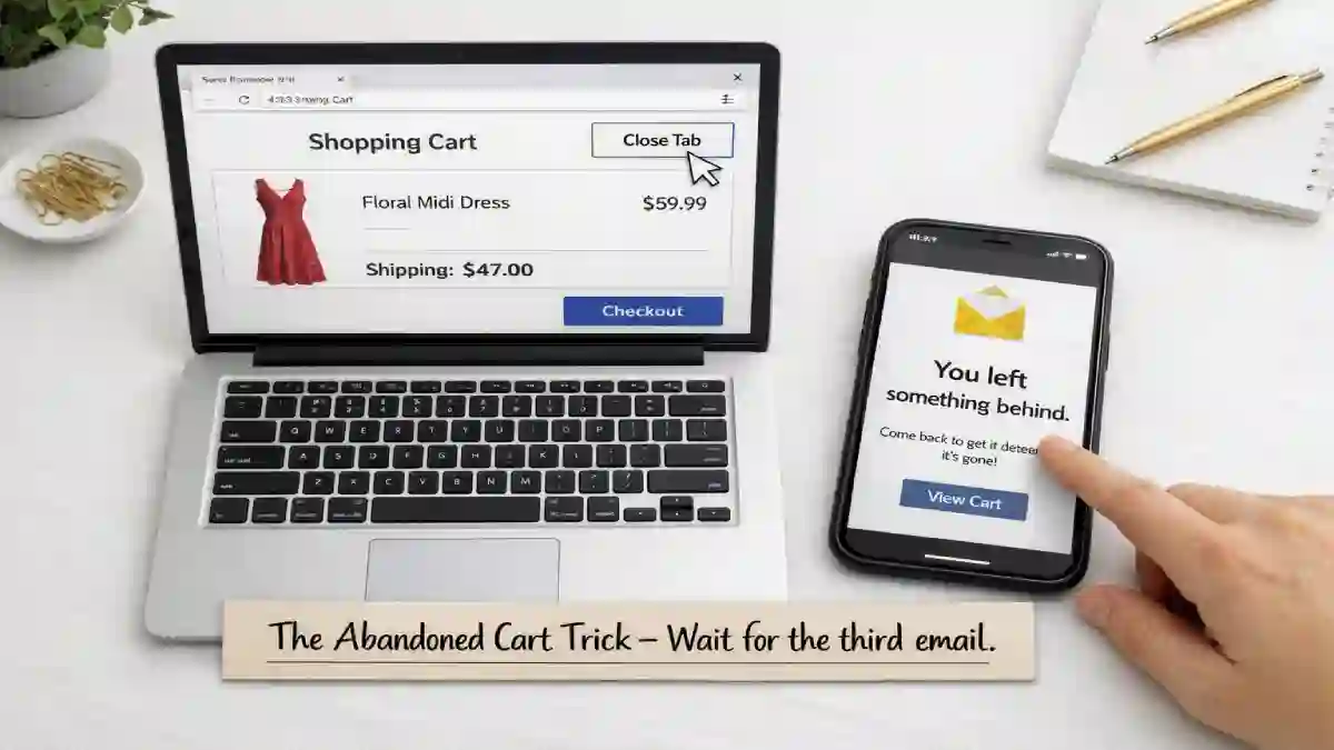 A shopping cart with items in it on a laptop screen. A cursor is hovering over the "close tab" button. An email notification pops up with the subject line "You left something behind."