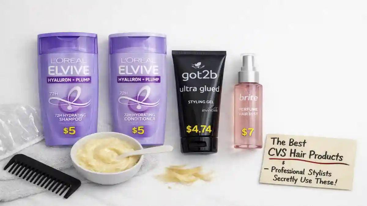 CVS haircare products under $7: L'Oréal Elvive Hyaluron Plump, L'Oréal Elvive Total Repair Extreme, Got2b styler, and Brite hair fragrance. A small sign says "Under $7 – Salon-quality hair."