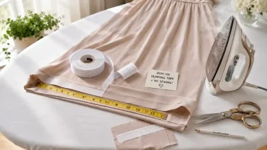 Iron-on hemming tape roll next to a long flowing dress laid flat on an ironing board, with a steam iron and measuring tape nearby – DIY no-sew hemming solution for shortening full-length dresses in 5 minutes.