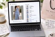 A laptop screen showing Google Images with a dress photo uploaded. The search results show the same dress at multiple prices, with a $48 listing highlighted. A boutique shopping bag is next to the laptop.