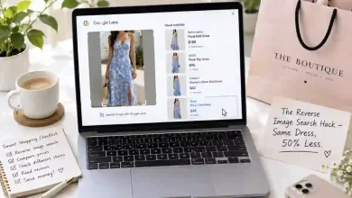 A laptop screen showing Google Images with a dress photo uploaded. The search results show the same dress at multiple prices, with a $48 listing highlighted. A boutique shopping bag is next to the laptop.