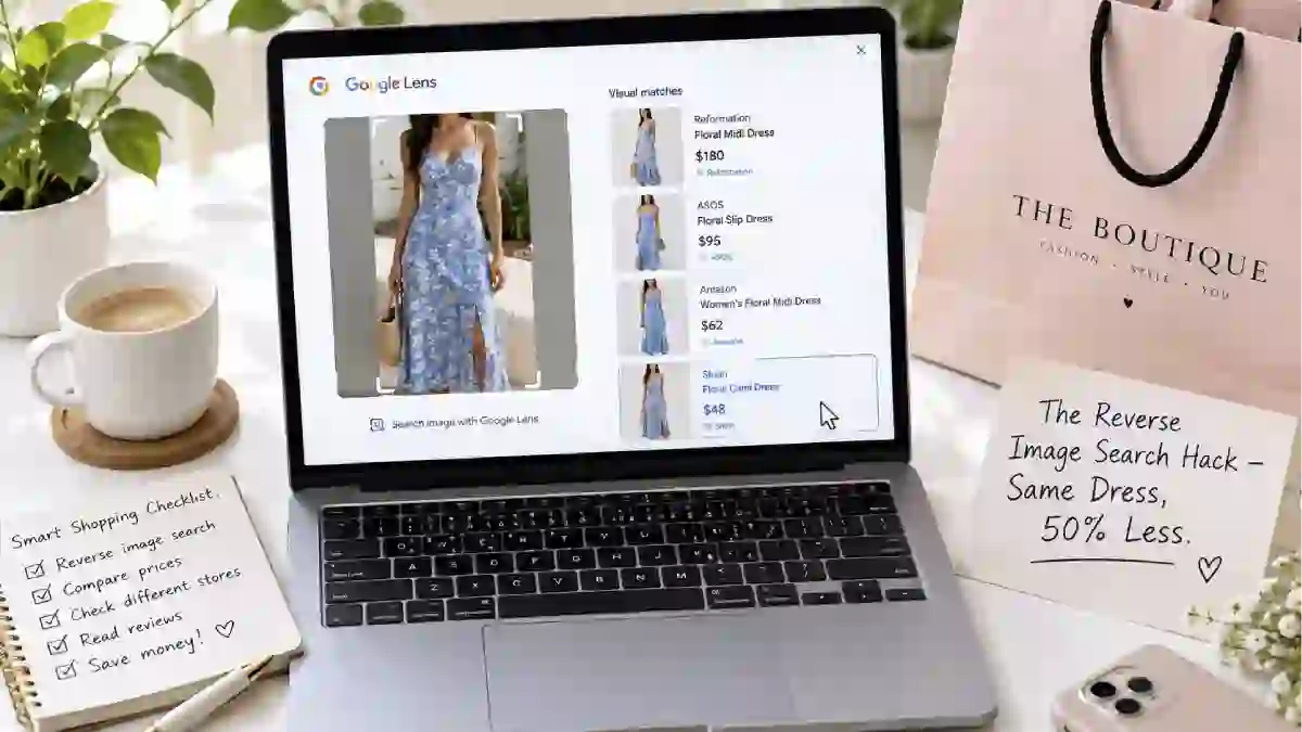 A laptop screen showing Google Images with a dress photo uploaded. The search results show the same dress at multiple prices, with a $48 listing highlighted. A boutique shopping bag is next to the laptop.