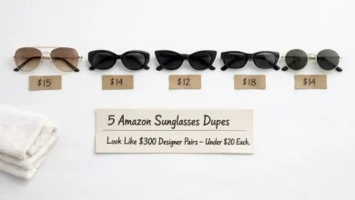 Five Amazon sunglasses dupes arranged on a white surface: SOJOS Hexagonal Aviator, Celine Oval Lookalike, Saint Laurent Cat-Eye Lookalike, Prada Rectangular Lookalike, and LEMON GRASS Round. Price tags show under $20 each.