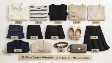 A 12-piece capsule wardrobe from TJ Maxx and Marshalls arranged on a white surface: 5 tops, 3 bottoms, 2 outerwear pieces, 1 pair of shoes, and 2 accessories. Price tags show each item under $30.