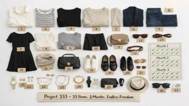 33 items of clothing, shoes, and accessories arranged in a grid on a white surface. A calendar shows 3 months. A sign says "33 Items. 3 Months. Project 333."