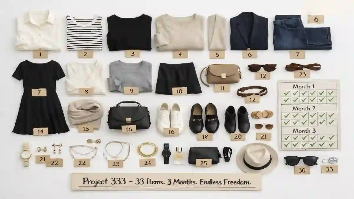 33 items of clothing, shoes, and accessories arranged in a grid on a white surface. A calendar shows 3 months. A sign says "33 Items. 3 Months. Project 333."