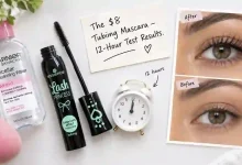 The Essence Lash Princess Tubing Mascara tube next to a close-up of eyes with the mascara applied. A clock shows 12 hours. A sign says "$8 – 12-Hour Test – No Smudging."