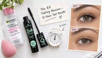 The Essence Lash Princess Tubing Mascara tube next to a close-up of eyes with the mascara applied. A clock shows 12 hours. A sign says "$8 – 12-Hour Test – No Smudging."