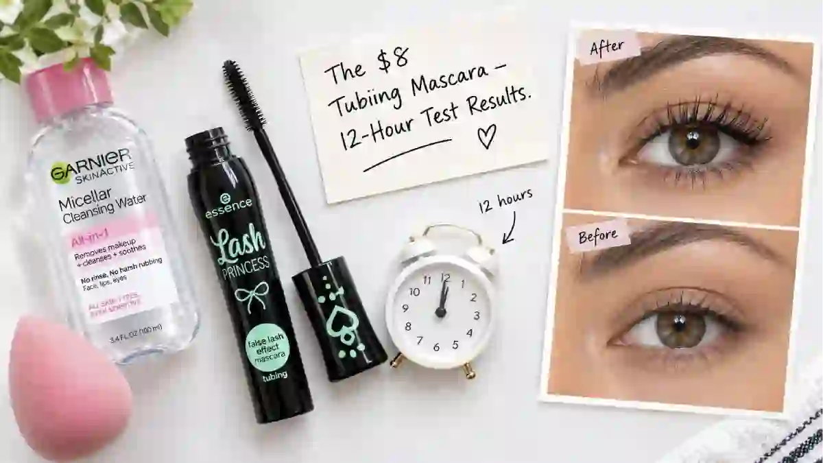 The Essence Lash Princess Tubing Mascara tube next to a close-up of eyes with the mascara applied. A clock shows 12 hours. A sign says "$8 – 12-Hour Test – No Smudging."