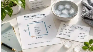 A person sitting calmly with eyes closed, one hand on their chest, practicing box breathing. A simple diagram shows the 4-4-4-4 breathing pattern. A sign says "Free Nervous System Reset – 2 Minutes."