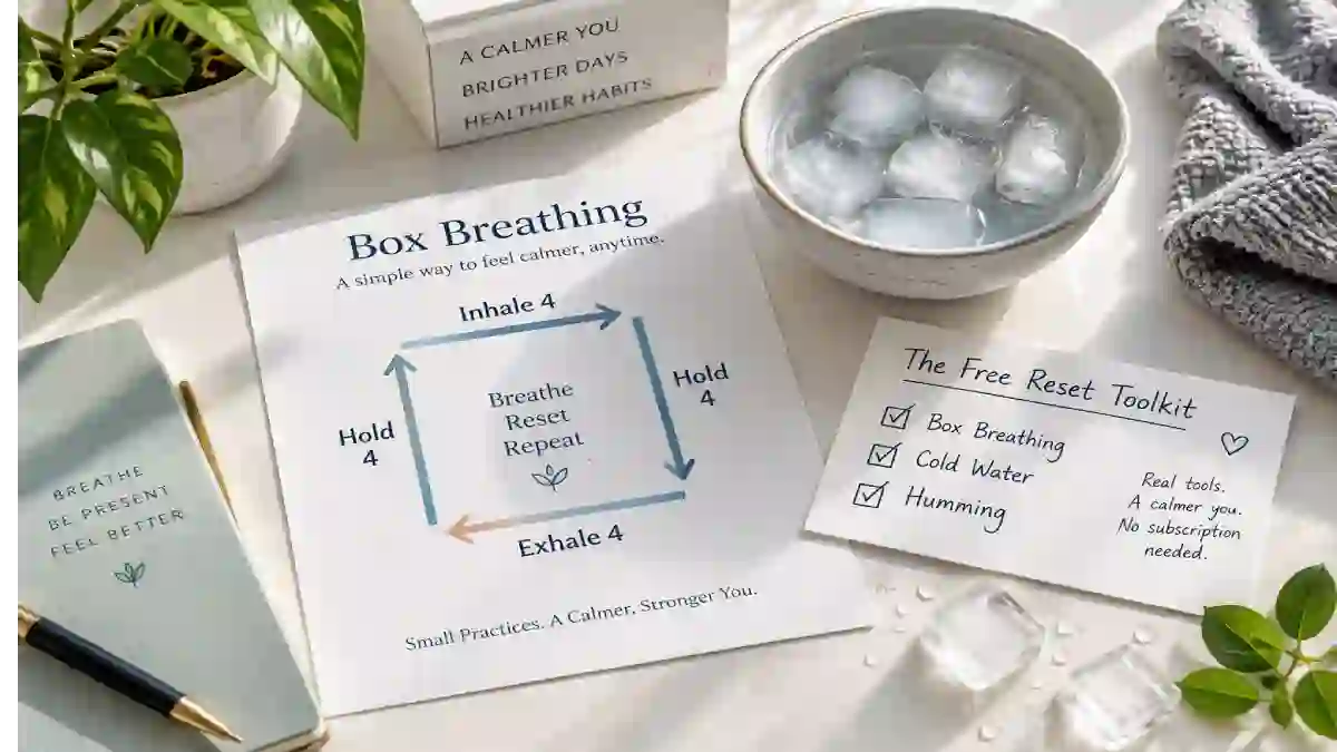 A person sitting calmly with eyes closed, one hand on their chest, practicing box breathing. A simple diagram shows the 4-4-4-4 breathing pattern. A sign says "Free Nervous System Reset – 2 Minutes."